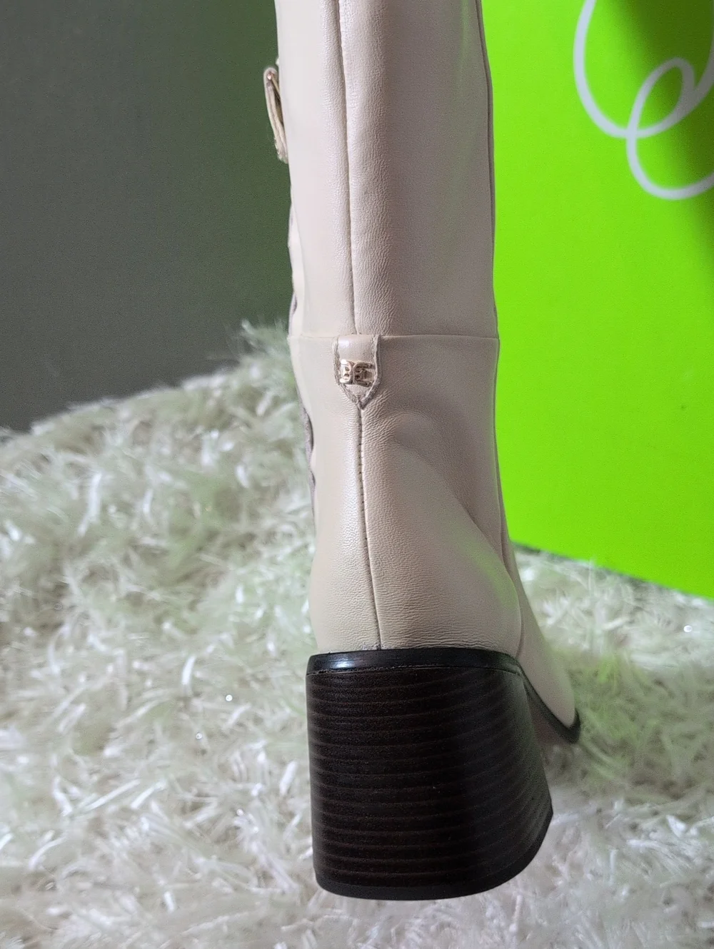 Sam Edelman Cream High-Wide Calf Block Heel Boots